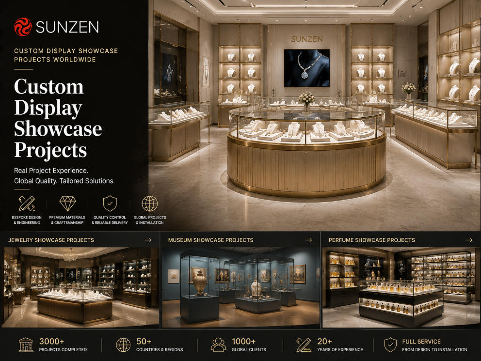 SUNZEN custom display showcase projects for jewelry stores perfume boutiques museums and luxury retail interiors